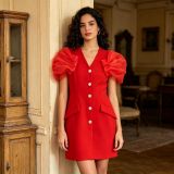 Women Formal Party V-neck Pleated Puff Sleeve Single-Breasted Rhinestone Button Blazer Dress