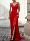 Women Spring Summer Sexy Strapless V-Neck Backless Slit Camisole Maxi Dress