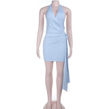 Women Short Skirt Halter Neck V Neck Ruffled Ribbon Sexy Bodycon Dress