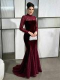 Women Sexy Sheer Lace Fishtail Long-Sleeved Bodycon Maxi Dress