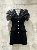 Women Formal Party V-neck Pleated Puff Sleeve Single-Breasted Rhinestone Button Blazer Dress