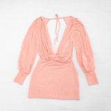 Women Summer Casual Long-Sleeved Halter Neck Backless Lace-Up Dress