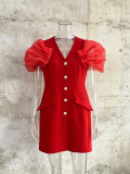 Women Formal Party V-neck Pleated Puff Sleeve Single-Breasted Rhinestone Button Blazer Dress