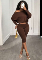 Women Autumn Sexy Slash Shoulder Top and Cropped Pants Two-Piece Set