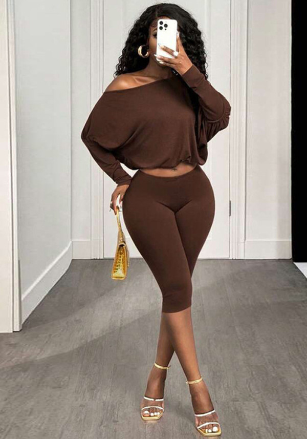 Women Autumn Sexy Slash Shoulder Top and Cropped Pants Two-Piece Set