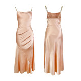 Women French Elegant Strap Dress with Chain Straps and Fishtail Maxi Dress