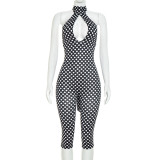 Women Sexy Polka Dot Halter Neck Ribbon Backless Jumpsuit