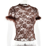 Women Lace Sexy See-Through Feather Short-Sleeve Top