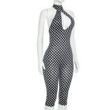 Women Sexy Polka Dot Halter Neck Ribbon Backless Jumpsuit