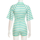 Women Autumn Striped Print V-Neck Short-Sleeve Romper