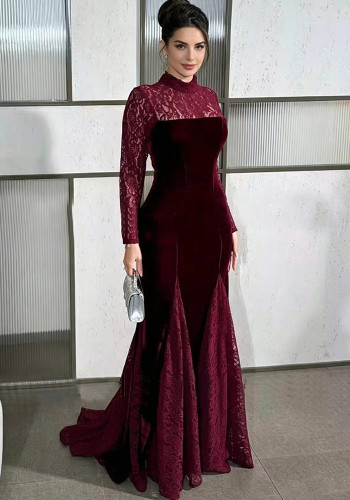 Women Sexy Sheer Lace Fishtail Long-Sleeved Bodycon Maxi Dress