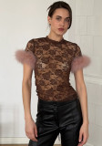 Women Lace Sexy See-Through Feather Short-Sleeve Top