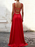 Women Spring Summer Sexy Strapless V-Neck Backless Slit Camisole Maxi Dress
