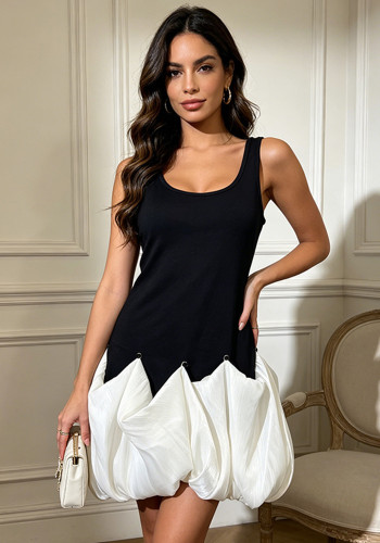 Women Sexy Summer Patchwork Black and White Sleeveless Bud Dress