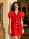 Women Formal Party V-neck Pleated Puff Sleeve Single-Breasted Rhinestone Button Blazer Dress