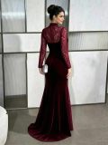 Women Sexy Sheer Lace Fishtail Long-Sleeved Bodycon Maxi Dress
