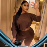 Women Autumn Sexy Slash Shoulder Top and Cropped Pants Two-Piece Set