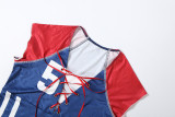 Women Summer Print V-Neck Crossover Lace-Up T-Shirt and Shorts Two-Piece Set