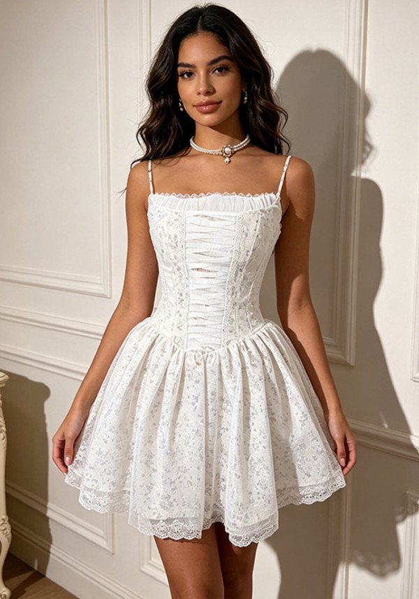 Women Summer Strapless Strappy Floral Lace Patchwork Dress