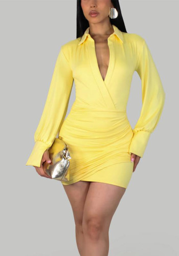Women Autumn Sexy Cross-Neck Pleated Shirt Dress