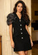 Women Formal Party V-neck Pleated Puff Sleeve Single-Breasted Rhinestone Button Blazer Dress