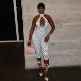Women Sexy Polka Dot Halter Neck Ribbon Backless Jumpsuit