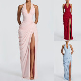 Women Spring Summer Halter Neck Slit Casual Holidays Tie-Up Dress