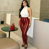 Women Autumn Sexy Mesh Striped Print Casual Pants