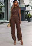Fashion Sleeveless Turndown Collar Crop Top & Pearl Wide Leg Pants Set