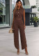 Fashion Sleeveless Turndown Collar Crop Top & Pearl Wide Leg Pants Set
