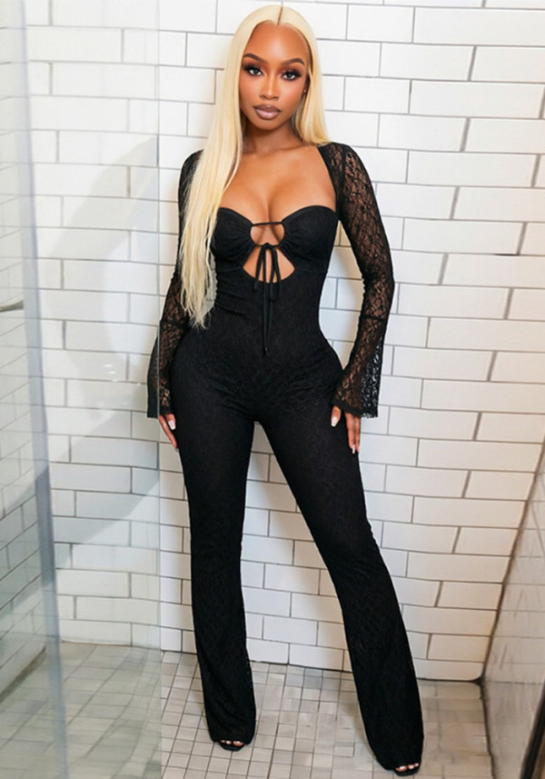Women Sexy Strapless Lace Hollow-Out Drawstring Long-Sleeved Jumpsuit