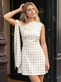 Slash Shoulder Polka Dot Tie Detail Slim Waist Slim Fit Asymmetrical A-Line Mini Dress