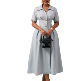 Women's Turndown Collar Short Sleeve High Waist Long Dress