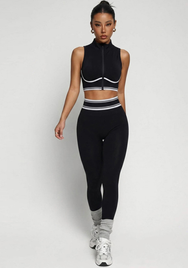 Women Yoga Color Block Zipper Vest and Pants Fitness Two-Piece Set