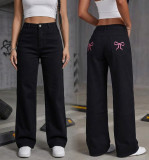 American Black Wide Leg Low Rise Straight Denim Jeans with Bow Embroidered Back Pockets