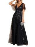 Women V-Neck Sequin Mesh Formal Party Dress（Processing time need 3-6 days）