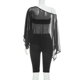 Autumn Women's Sexy Mesh Slash Shoulder Top Strapless Bandeau Top Pants Three-Piece Set