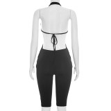 Autumn Women's Solid Color Sexy Sleeveless Halter Neck Cross V-Neck Slim Jumpsuit