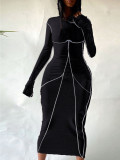 Women's Sexy Contrast Stitch Hooded Long Sleeve Long Dress