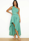 Women Spring/Summer Pleated One-Shoulder Slash Shoulder Irregular Solid Ripped Dress