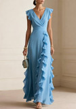 Women solid pleated short-sleeved V-neck chiffon dress