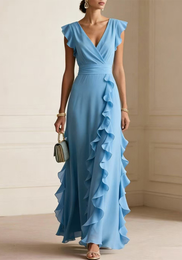 Women solid pleated short-sleeved V-neck chiffon dress