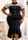 Plus Size Women Polka Dot Mesh Turndown Collar Bubble Short-Sleeved Irregular Fishtail Bodycon Dress