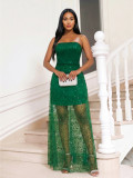 Green Sequin Strapless Mesh Overlay Slim Evening Dress