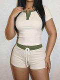 Women Summer Color Block Button-Up Collar Short-Sleeve Top and Shorts Casual Two-Piece Set