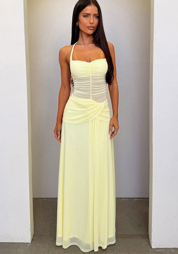 Women Halter Neck Mesh See-Through Summer Yellow Holidays Maxi Dress
