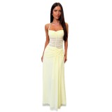 Women Halter Neck Mesh See-Through Summer Yellow Holidays Maxi Dress