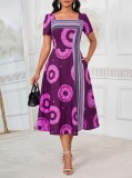 Women printed holiday square neck ribbon summer dress