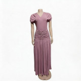 Summer Plus Size Women's V-Neck Slim Waist Side Slit Stretch Maxi Dress