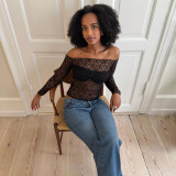 Women See-Through Lace Off Shoulder Long Sleeve Top